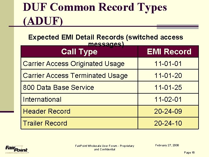 DUF Common Record Types (ADUF) Expected EMI Detail Records (switched access messages) Call Type