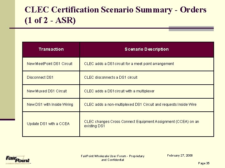 CLEC Certification Scenario Summary - Orders (1 of 2 - ASR) Transaction Scenario Description