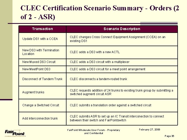 CLEC Certification Scenario Summary - Orders (2 of 2 - ASR) Transaction Scenario Description