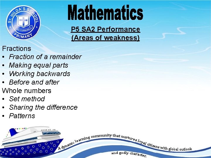 P 5 SA 2 Performance (Areas of weakness) Fractions • Fraction of a remainder