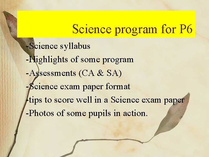 Science program for P 6 -Science syllabus -Highlights of some program -Assessments (CA &