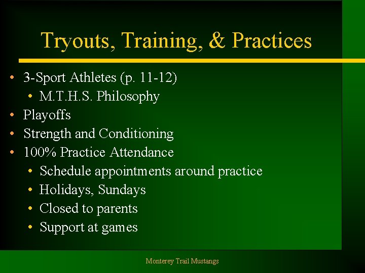 Tryouts, Training, & Practices • 3 -Sport Athletes (p. 11 -12) • M. T.