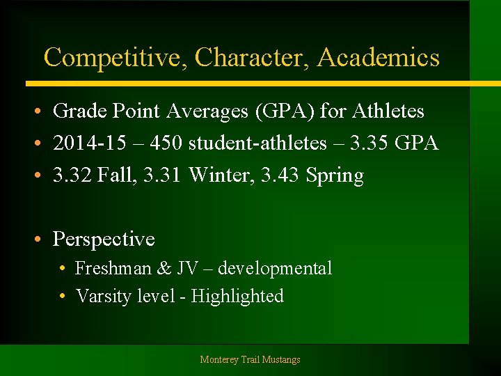 Competitive, Character, Academics • Grade Point Averages (GPA) for Athletes • 2014 -15 –