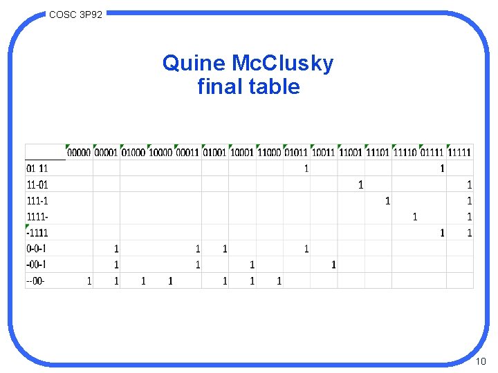 COSC 3 P 92 Quine Mc. Clusky final table 10 