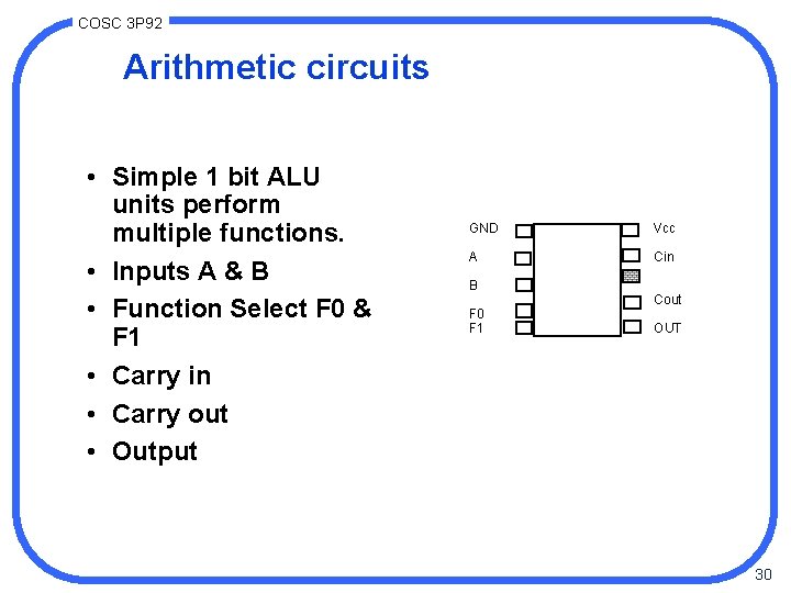 COSC 3 P 92 Arithmetic circuits • Simple 1 bit ALU units perform multiple