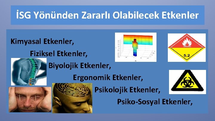 İSG Yönünden Zararlı Olabilecek Etkenler Kimyasal Etkenler, Fiziksel Etkenler, Biyolojik Etkenler, Ergonomik Etkenler, Psikolojik