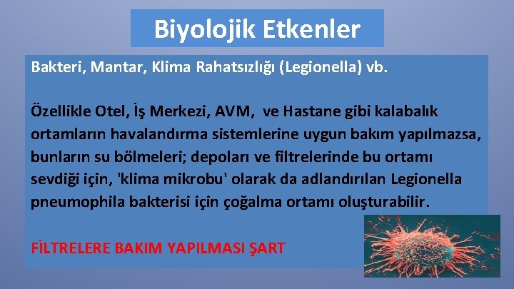 Biyolojik Etkenler Bakteri, Mantar, Klima Rahatsızlığı (Legionella) vb. Özellikle Otel, İş Merkezi, AVM, ve