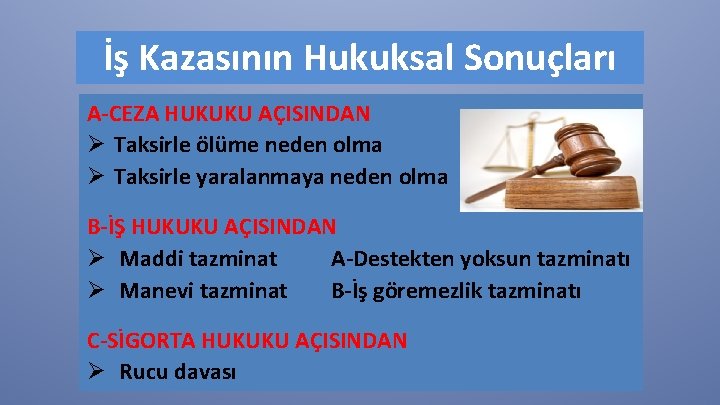 İş Kazasının Hukuksal Sonuçları A-CEZA HUKUKU AÇISINDAN Ø Taksirle ölüme neden olma Ø Taksirle