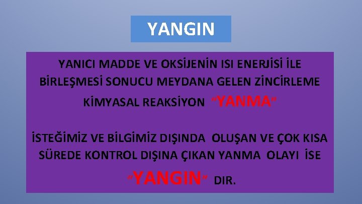 YANGIN YANICI MADDE VE OKSİJENİN ISI ENERJİSİ İLE BİRLEŞMESİ SONUCU MEYDANA GELEN ZİNCİRLEME KİMYASAL