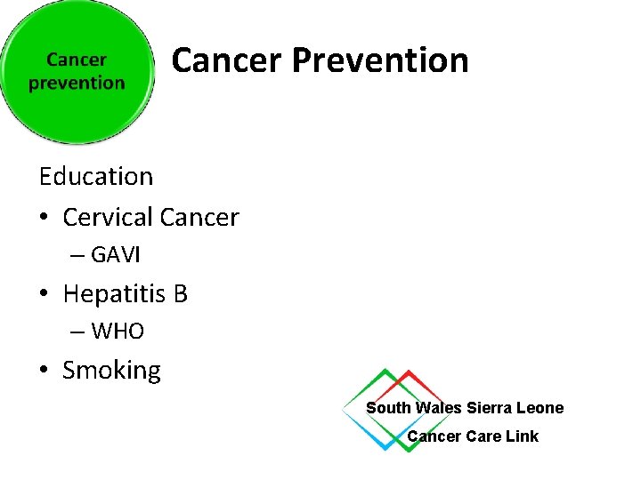 Cancer Prevention Education • Cervical Cancer – GAVI • Hepatitis B – WHO •