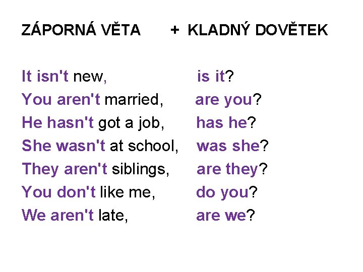 ZÁPORNÁ VĚTA + KLADNÝ DOVĚTEK It isn't new, is it? You aren't married, are