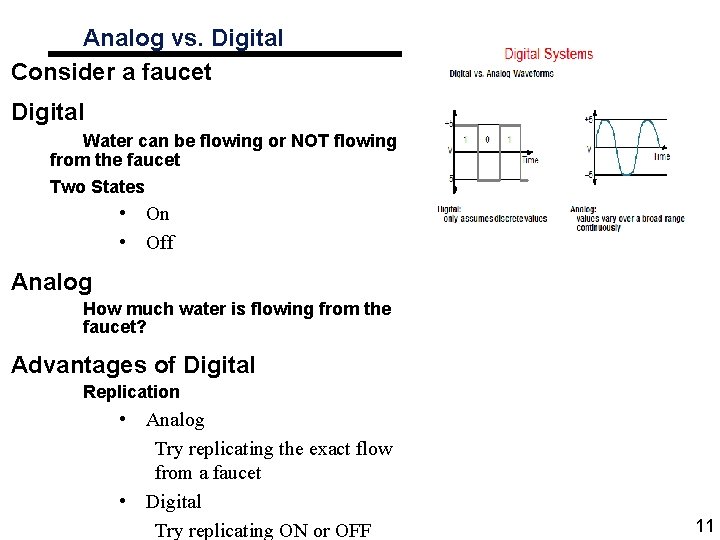 Analog vs. Digital Consider a faucet Digital Water can be flowing or NOT flowing