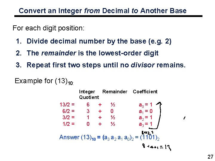 Convert an Integer from Decimal to Another Base For each digit position: 1. Divide