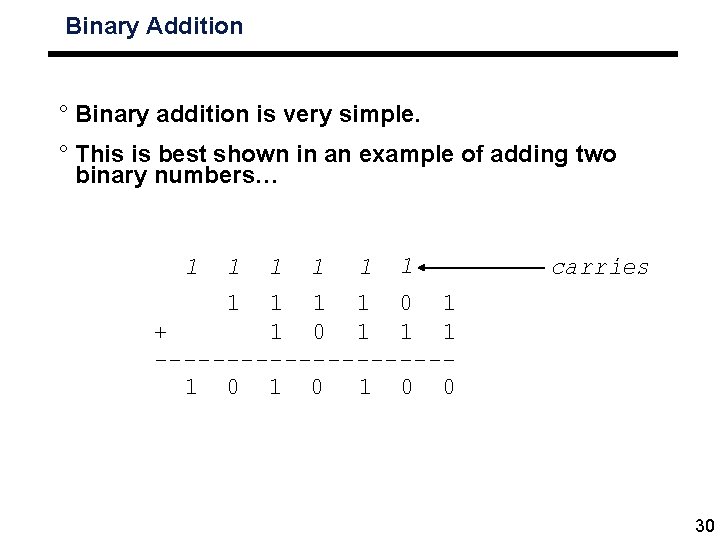 Binary Addition ° Binary addition is very simple. ° This is best shown in
