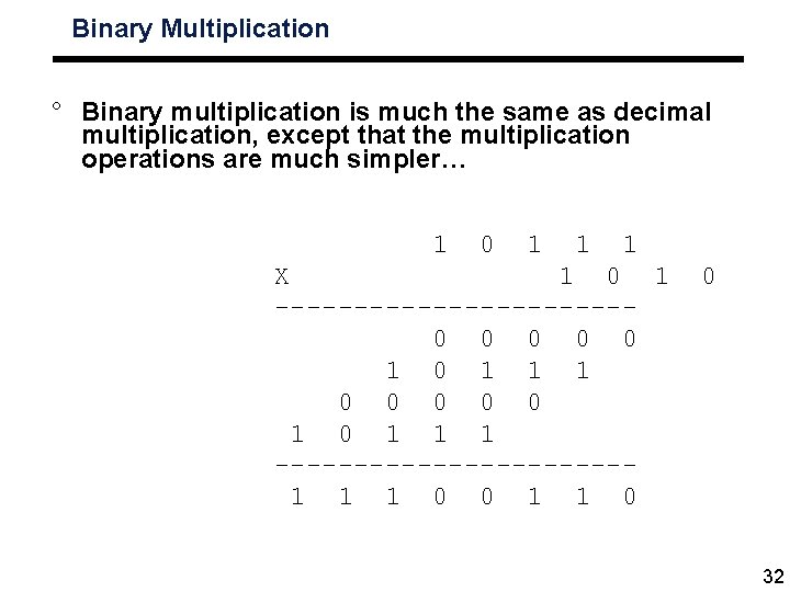 Binary Multiplication ° Binary multiplication is much the same as decimal multiplication, except that