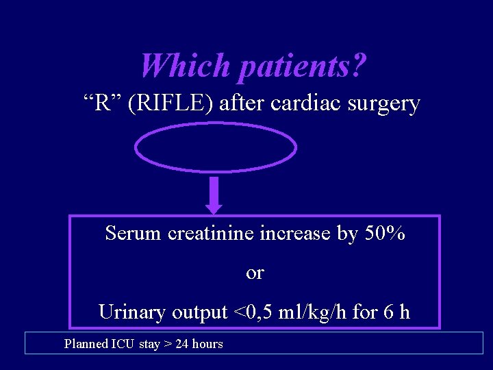 Which patients? “R” (RIFLE) after cardiac surgery Serum creatinine increase by 50% or Urinary