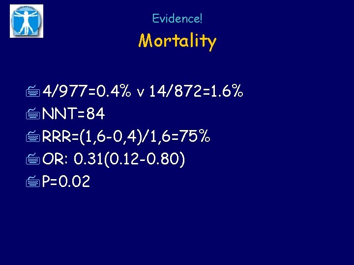 Evidence! Mortality 74/977=0. 4% v 14/872=1. 6% 7 NNT=84 7 RRR=(1, 6 -0, 4)/1,