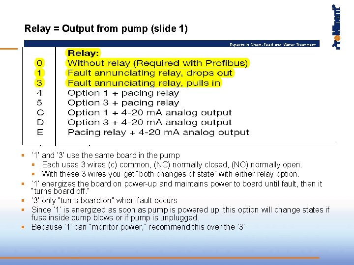 Relay = Output from pump (slide 1) Experts in Chem-Feed and Water Treatment §