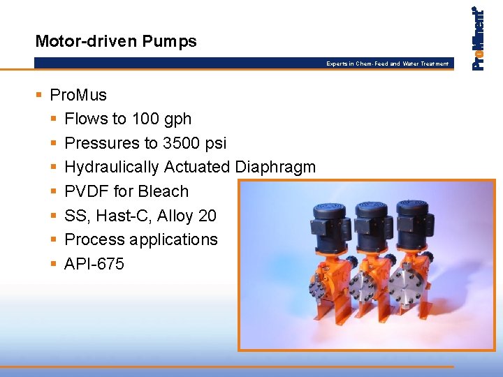 Motor-driven Pumps Experts in Chem-Feed and Water Treatment § Pro. Mus § Flows to