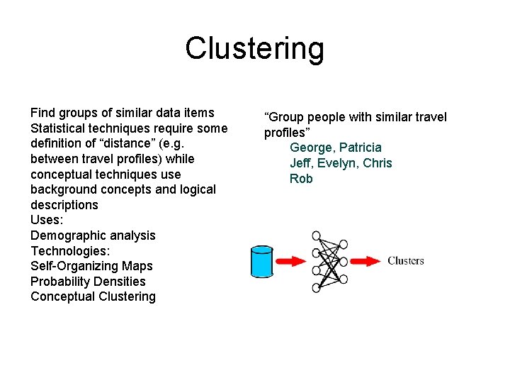 Clustering Find groups of similar data items Statistical techniques require some definition of “distance”