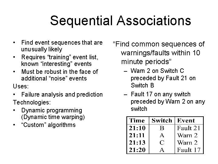 Sequential Associations • Find event sequences that are unusually likely • Requires “training” event