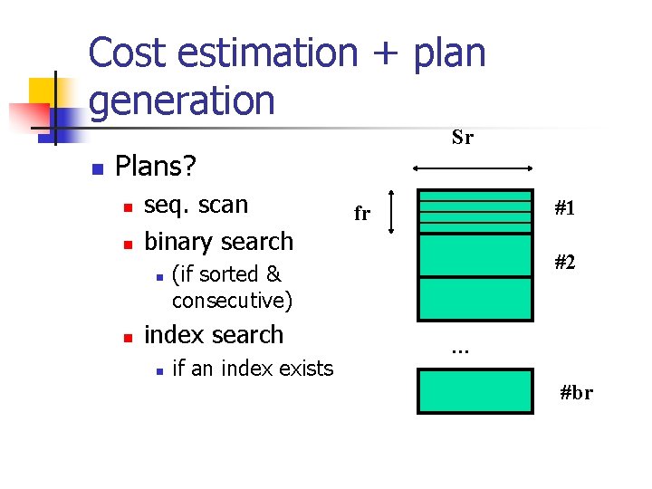 Cost estimation + plan generation n Sr Plans? n n seq. scan binary search