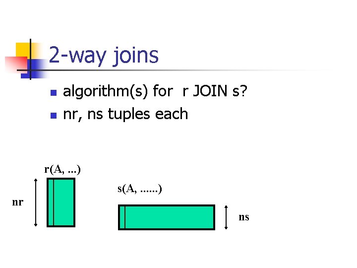 2 -way joins n n algorithm(s) for r JOIN s? nr, ns tuples each