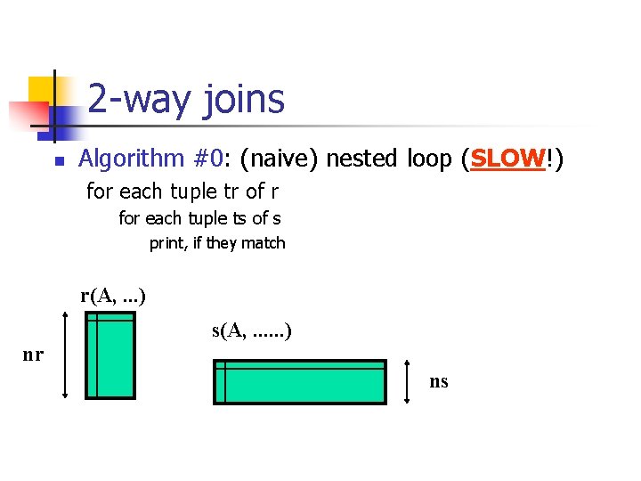 2 -way joins n Algorithm #0: (naive) nested loop (SLOW!) for each tuple tr