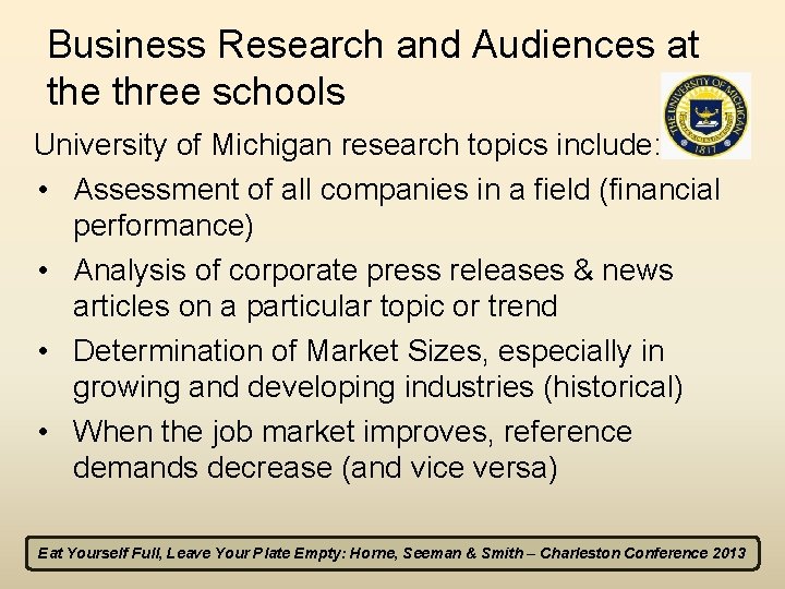 Business Research and Audiences at the three schools University of Michigan research topics include: