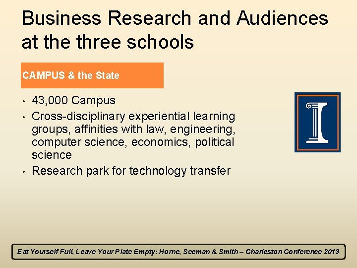 Business Research and Audiences at the three schools CAMPUS & the State • •