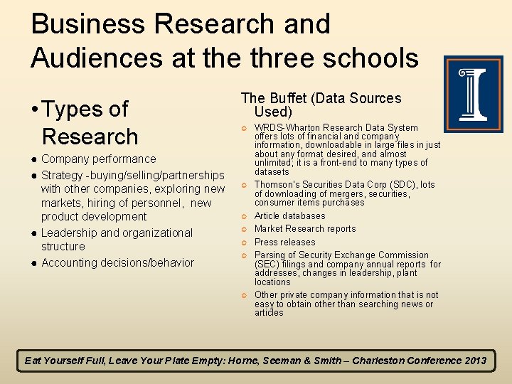 Business Research and Audiences at the three schools • Types of Research ● Company