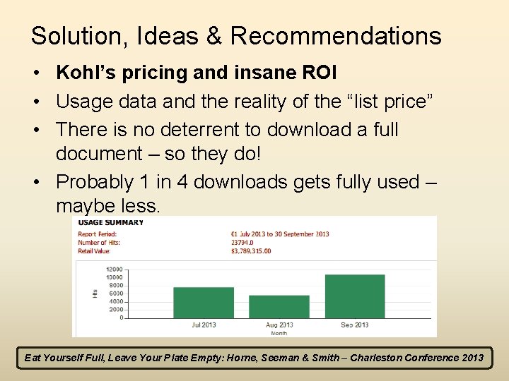 Solution, Ideas & Recommendations • Kohl’s pricing and insane ROI • Usage data and