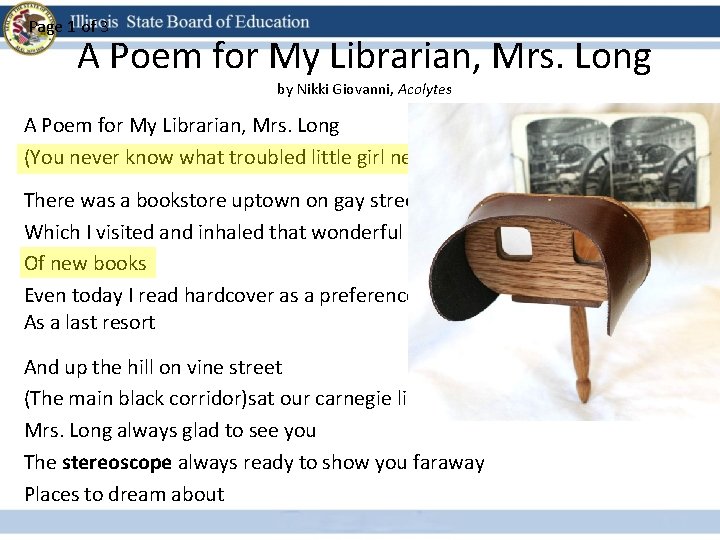 Page 1 of 3 A Poem for My Librarian, Mrs. Long by Nikki Giovanni,