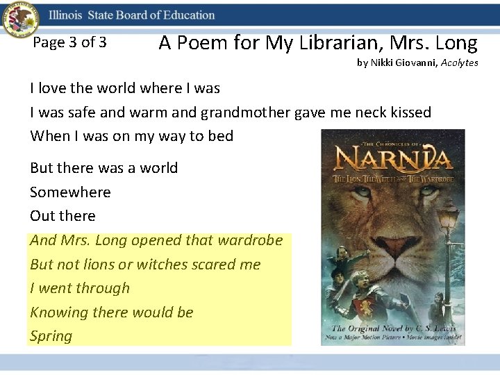 Page 3 of 3 A Poem for My Librarian, Mrs. Long by Nikki Giovanni,