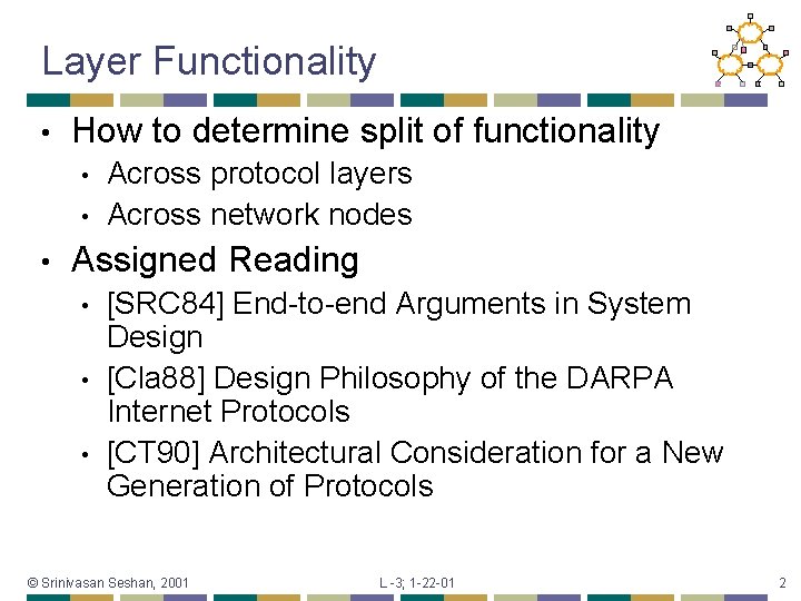 Layer Functionality • How to determine split of functionality • • • Across protocol