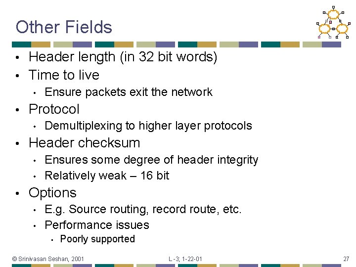 Other Fields Header length (in 32 bit words) • Time to live • •