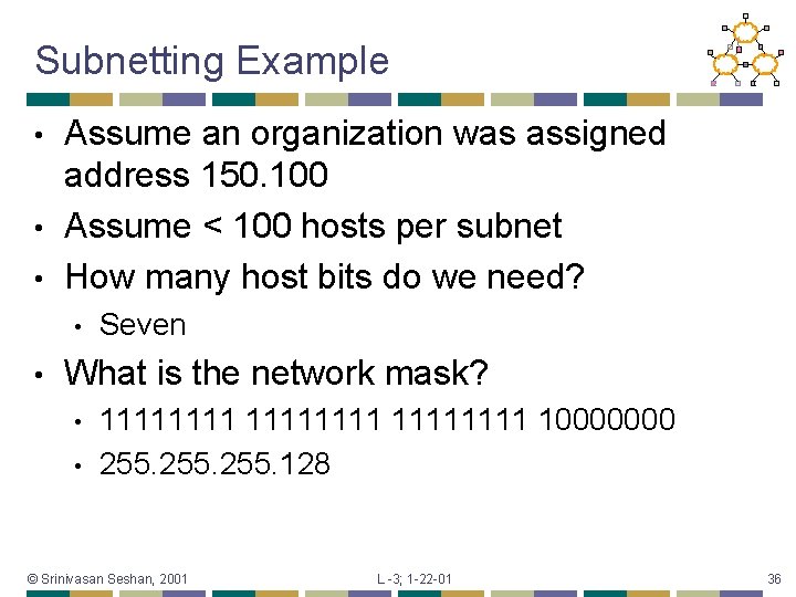 Subnetting Example Assume an organization was assigned address 150. 100 • Assume < 100