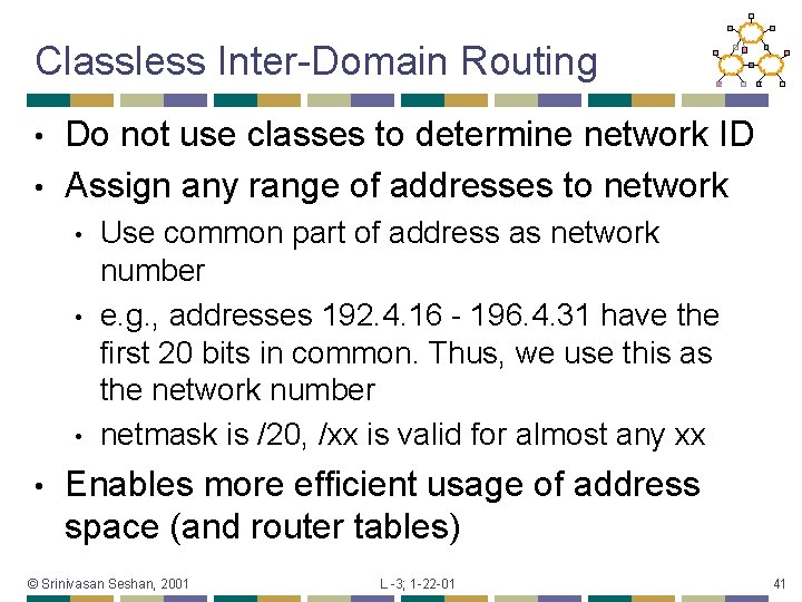 Classless Inter-Domain Routing Do not use classes to determine network ID • Assign any