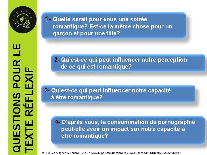 1 - Quelle serait pour vous une soirée QUESTIONS POUR LE TEXTE RÉFLEXIF romantique?