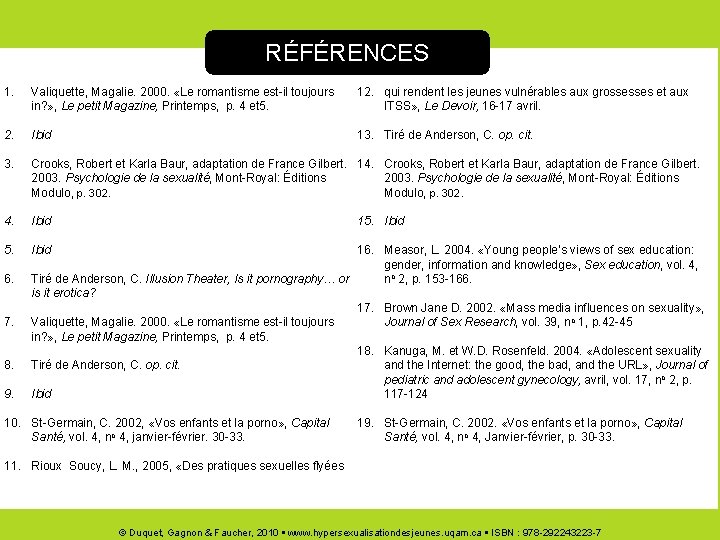RÉFÉRENCES 1. Valiquette, Magalie. 2000. «Le romantisme est-il toujours in? » , Le petit