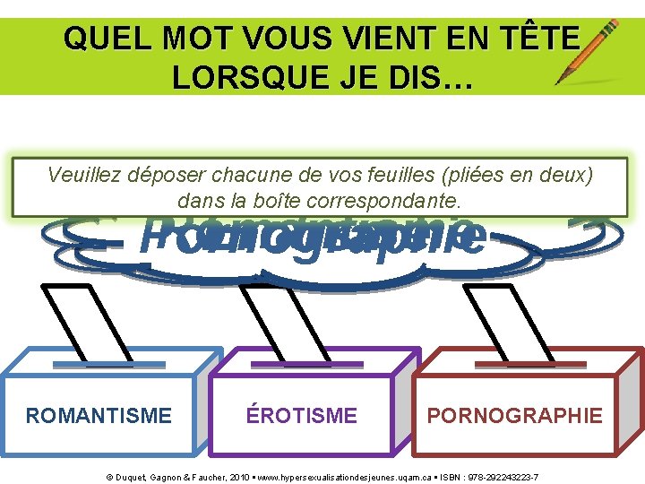 QUEL MOT VOUS VIENT EN TÊTE LORSQUE JE DIS… Veuillez déposer chacune de vos