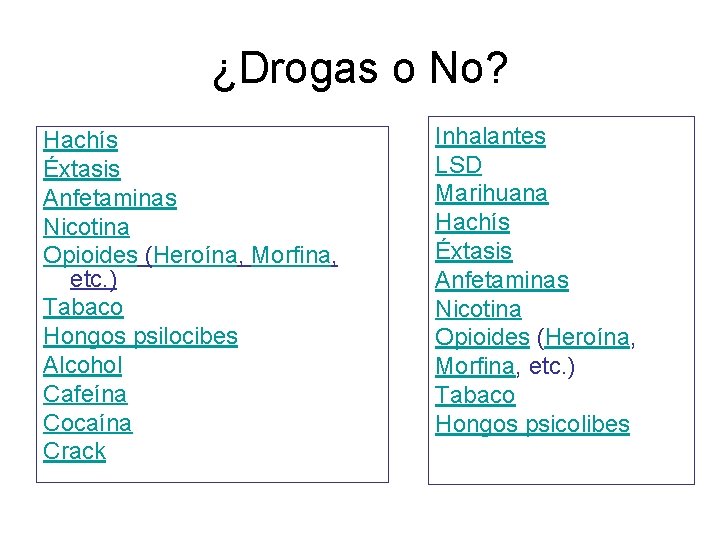 ¿Drogas o No? Hachís Éxtasis Anfetaminas Nicotina Opioides (Heroína, Morfina, etc. ) Tabaco Hongos