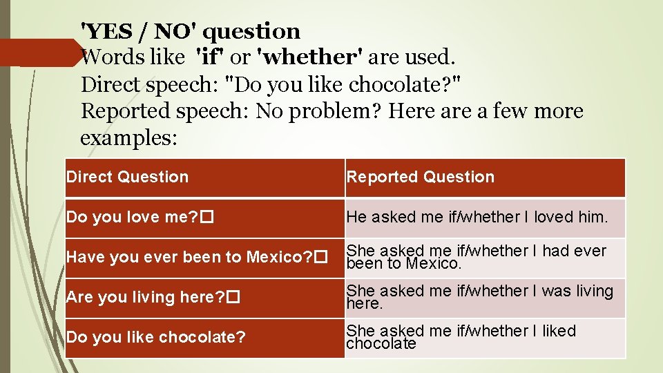 'YES / NO' question Words like 'if' or 'whether' are used. Direct speech: "Do