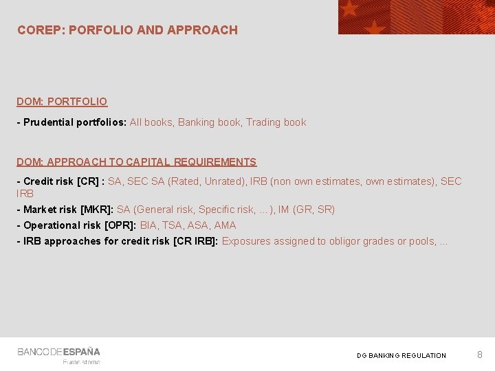 COREP: PORFOLIO AND APPROACH DOM: PORTFOLIO - Prudential portfolios: All books, Banking book, Trading