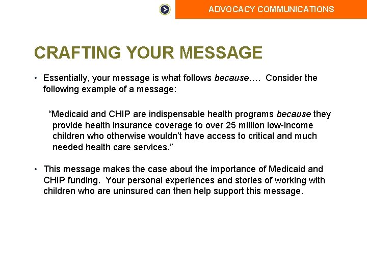 ADVOCACY COMMUNICATIONS CRAFTING YOUR MESSAGE • Essentially, your message is what follows because…. Consider