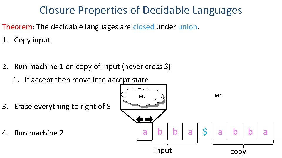 Closure Properties of Decidable Languages Theorem: The decidable languages are closed under union. 1. Closure Properties of Decidable Languages Theorem: The decidable languages are closed under union. 1.