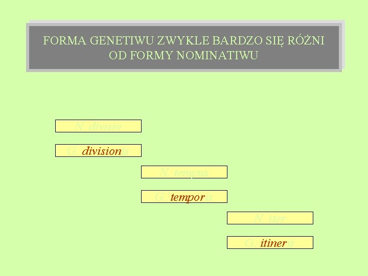 FORMA GENETIWU ZWYKLE BARDZO SIĘ RÓŻNI OD FORMY NOMINATIWU N. divisio G. divisionis N.