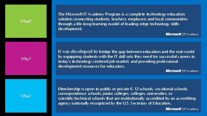 What? The Microsoft IT Academy Program is a complete technology education solution connecting students,