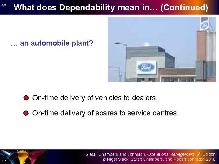 2. 25 What does Dependability mean in… (Continued) … an automobile plant? On-time delivery