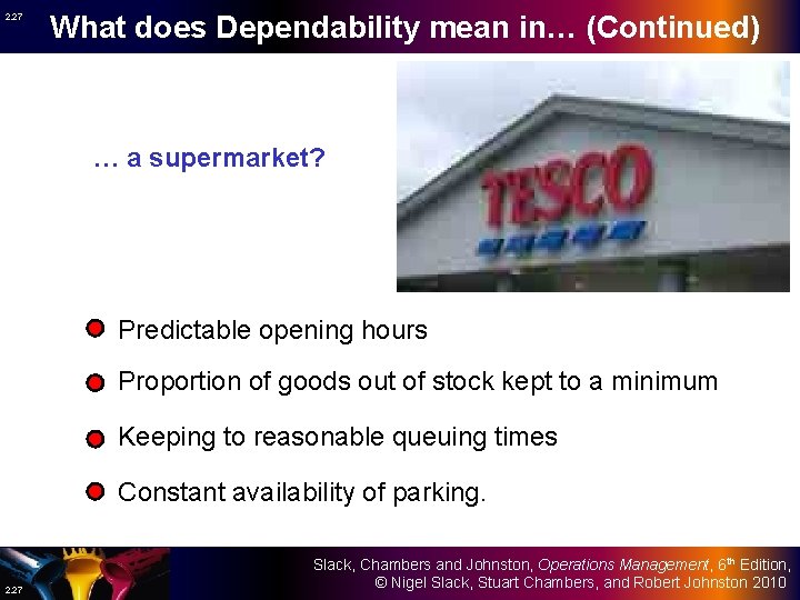2. 27 What does Dependability mean in… (Continued) … a supermarket? Predictable opening hours